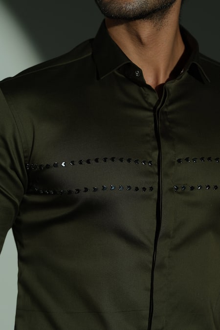 Shop_Sanjana Reddy Designs_Green Cotton Embroidery Parallel Line Placement Shirt _Online_at_Aza_Fashions