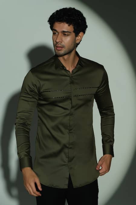 Sanjana Reddy Designs_Green Cotton Embroidery Parallel Line Placement Shirt _at_Aza_Fashions