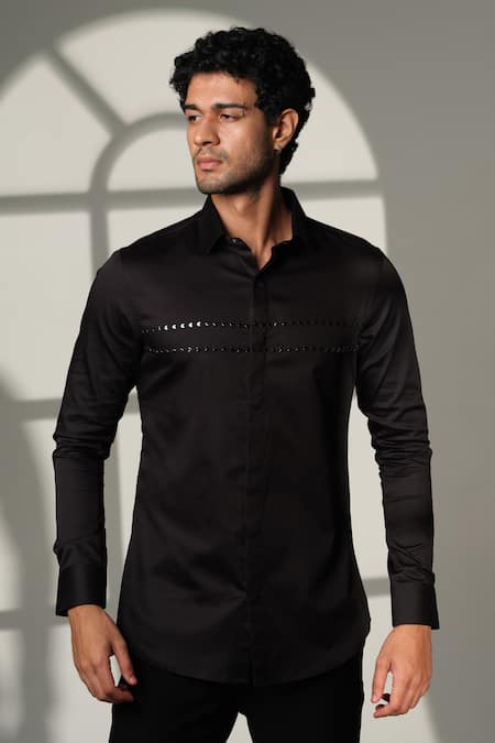 Sanjana Reddy Designs_Black Cotton Embroidery Arrow Placement Shirt _Online_at_Aza_Fashions
