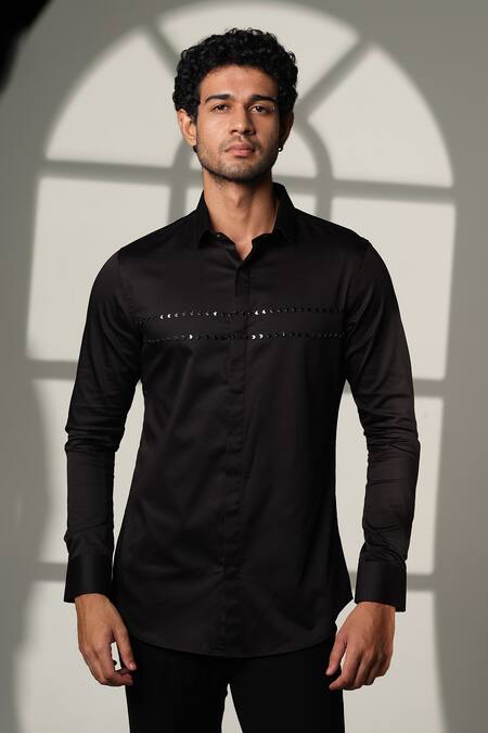 Buy_Sanjana Reddy Designs_Black Cotton Embroidery Arrow Placement Shirt _Online_at_Aza_Fashions