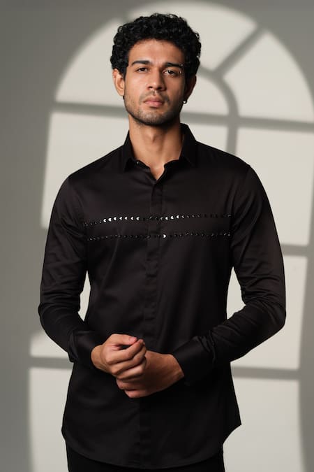 Shop_Sanjana Reddy Designs_Black Cotton Embroidery Arrow Placement Shirt _Online_at_Aza_Fashions