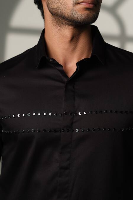 Sanjana Reddy Designs_Black Cotton Embroidery Arrow Placement Shirt _at_Aza_Fashions