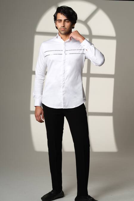 Sanjana Reddy Designs_White Cotton Embroidery Arrows Placement Shirt _Online_at_Aza_Fashions