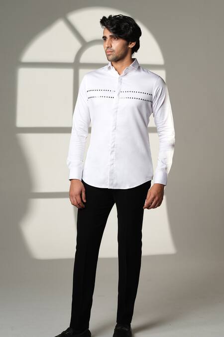 Shop_Sanjana Reddy Designs_White Cotton Embroidery Arrows Placement Shirt _Online_at_Aza_Fashions