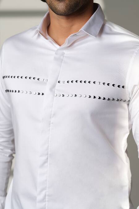 Sanjana Reddy Designs_White Cotton Embroidery Arrows Placement Shirt _at_Aza_Fashions