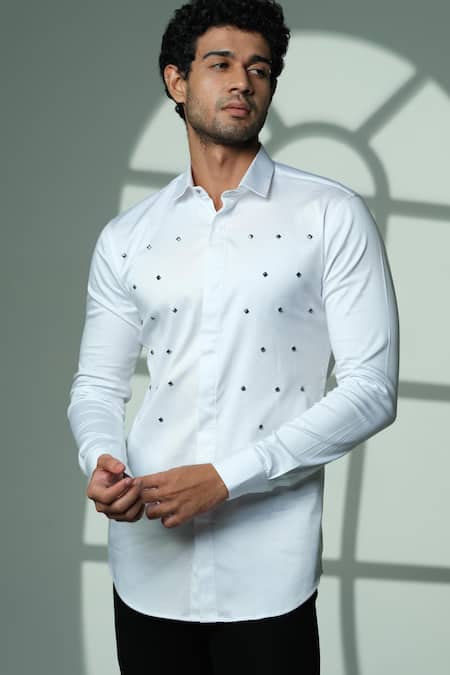 Sanjana Reddy Designs_White Cotton Studs, Embroidery Pyramid Polka Shirt _Online_at_Aza_Fashions