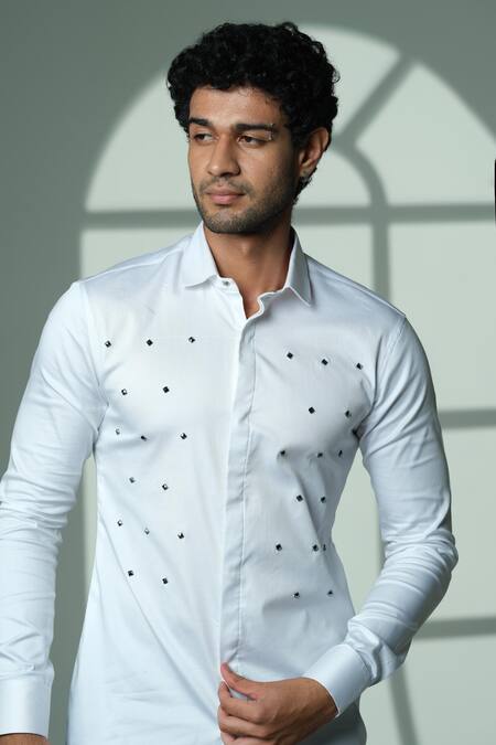 Buy_Sanjana Reddy Designs_White Cotton Studs, Embroidery Pyramid Polka Shirt _Online_at_Aza_Fashions