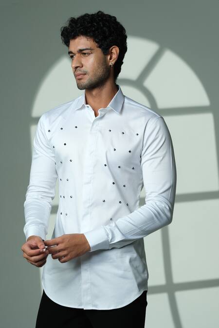 Shop_Sanjana Reddy Designs_White Cotton Studs, Embroidery Pyramid Polka Shirt _Online_at_Aza_Fashions