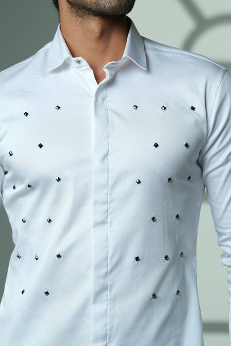 Sanjana Reddy Designs_White Cotton Studs, Embroidery Pyramid Polka Shirt _at_Aza_Fashions