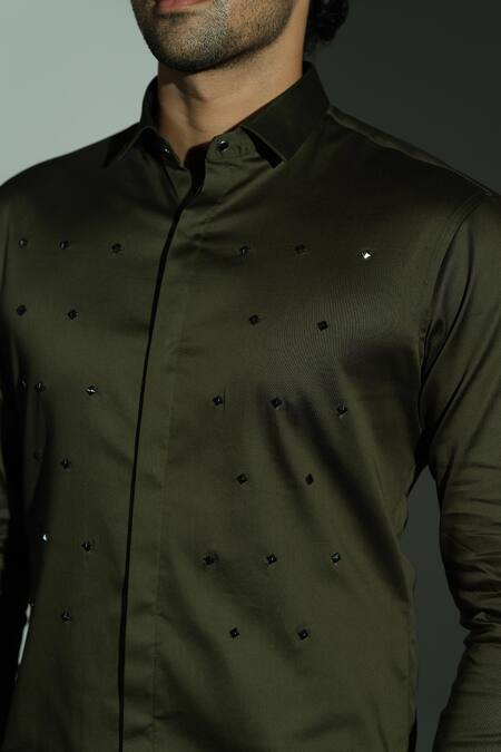 Sanjana Reddy Designs_Green Cotton Stones Polka Pyramid Embroidered Shirt _Online_at_Aza_Fashions