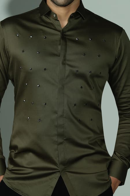 Buy_Sanjana Reddy Designs_Green Cotton Stones Polka Pyramid Embroidered Shirt _Online_at_Aza_Fashions