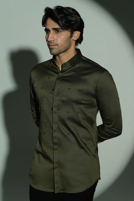 Shop_Sanjana Reddy Designs_Green Cotton Stones Polka Pyramid Embroidered Shirt _Online_at_Aza_Fashions