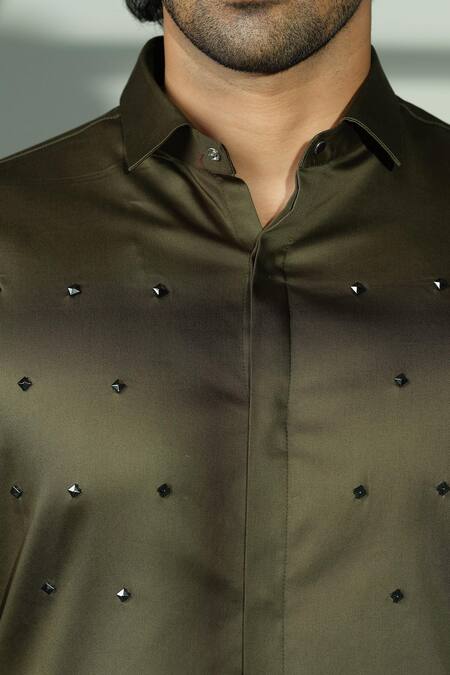 Sanjana Reddy Designs_Green Cotton Stones Polka Pyramid Embroidered Shirt _at_Aza_Fashions