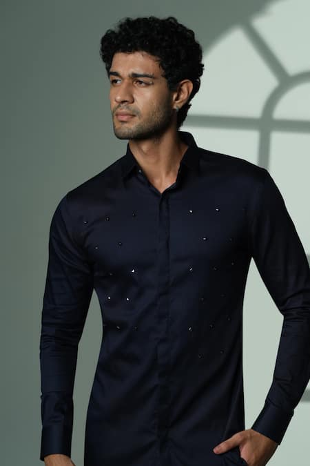 Sanjana Reddy Designs Blue Cotton Studs Polka Pyramid Embroidered Shirt 