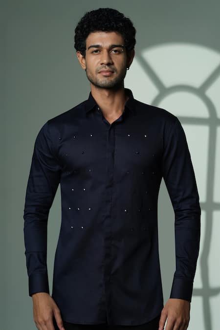 Buy_Sanjana Reddy Designs_Blue Cotton Studs Polka Pyramid Embroidered Shirt _Online_at_Aza_Fashions