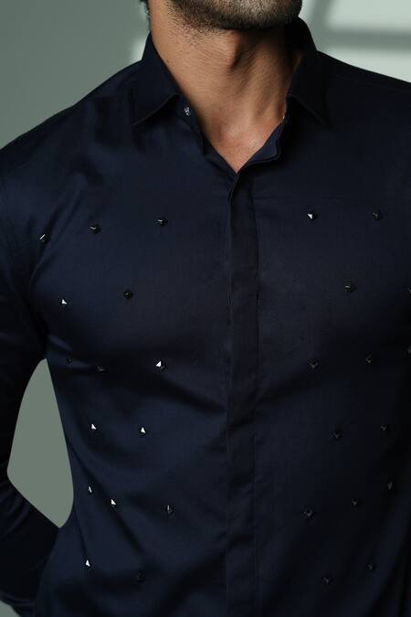 Shop_Sanjana Reddy Designs_Blue Cotton Studs Polka Pyramid Embroidered Shirt _Online_at_Aza_Fashions