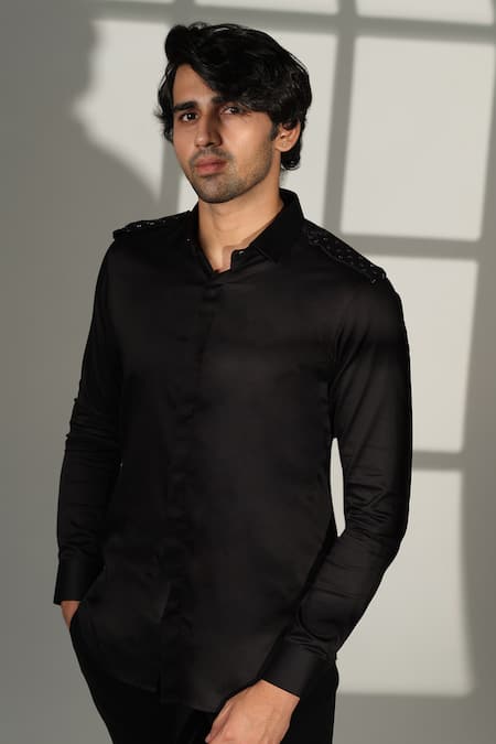Sanjana Reddy Designs Black Cotton Embroidery Star Placement Shirt 