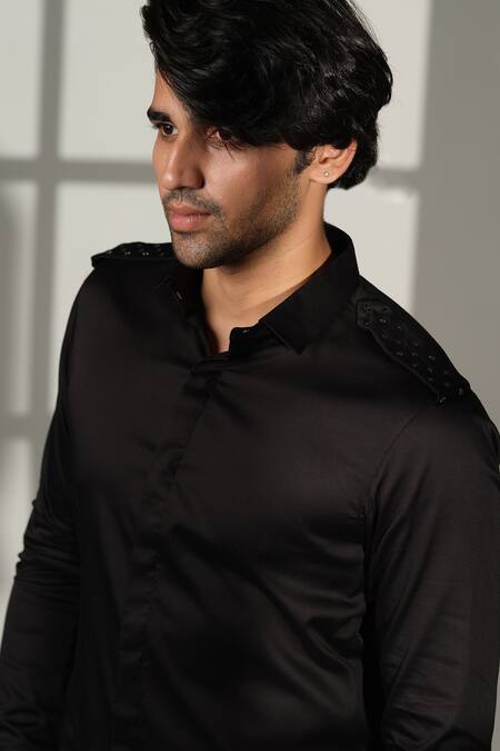 Sanjana Reddy Designs_Black Cotton Embroidery Star Placement Shirt _Online_at_Aza_Fashions