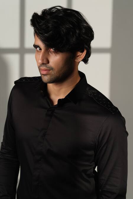 Buy_Sanjana Reddy Designs_Black Cotton Embroidery Star Placement Shirt _Online_at_Aza_Fashions