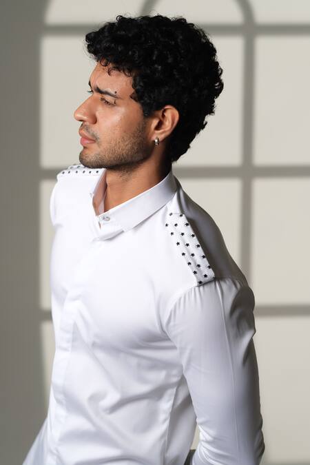 Sanjana Reddy Designs_White Cotton Studs, Embroidery Star Placement Shirt _Online_at_Aza_Fashions