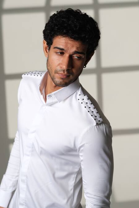 Buy_Sanjana Reddy Designs_White Cotton Studs, Embroidery Star Placement Shirt _Online_at_Aza_Fashions