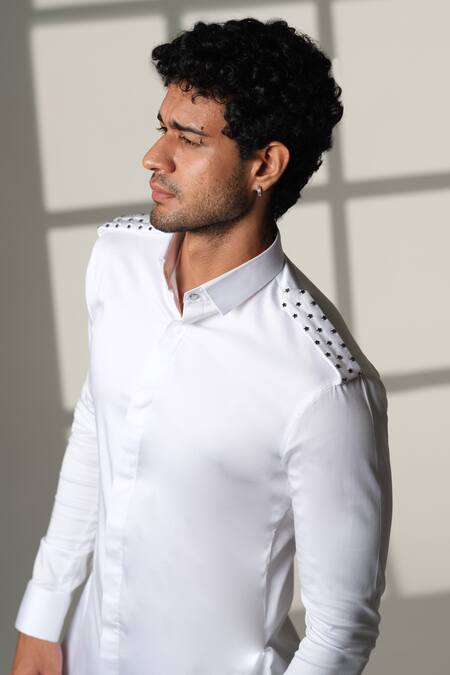 Shop_Sanjana Reddy Designs_White Cotton Studs, Embroidery Star Placement Shirt _Online_at_Aza_Fashions