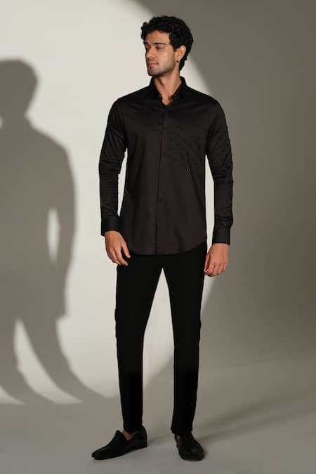 Sanjana Reddy Designs_Black Cotton Embroidery Slant Sally Lines Placement Shirt _Online_at_Aza_Fashions