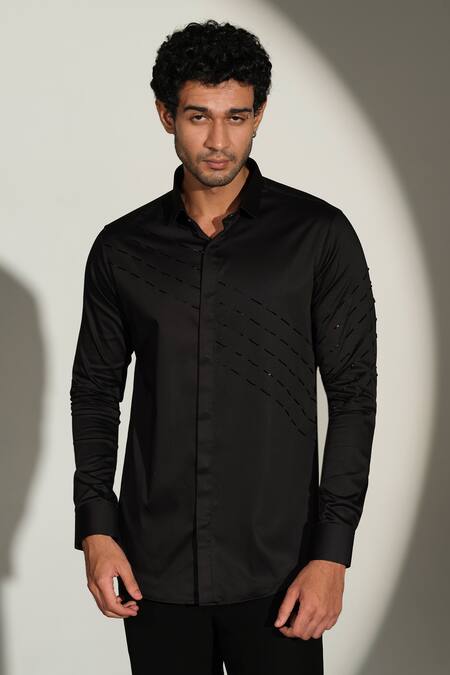 Buy_Sanjana Reddy Designs_Black Cotton Embroidery Slant Sally Lines Placement Shirt _Online_at_Aza_Fashions