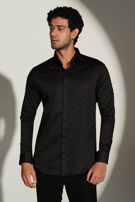 Shop_Sanjana Reddy Designs_Black Cotton Embroidery Slant Sally Lines Placement Shirt _Online_at_Aza_Fashions