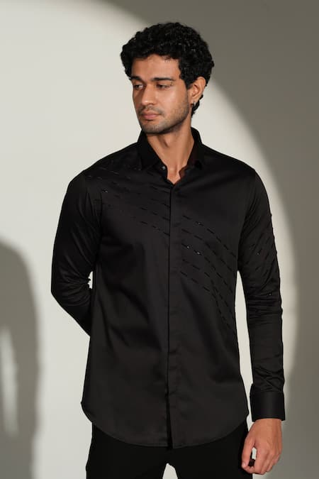 Sanjana Reddy Designs_Black Cotton Embroidery Slant Sally Lines Placement Shirt _at_Aza_Fashions