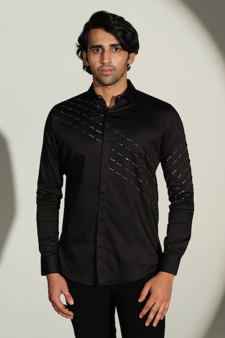 Sanjana Reddy Designs Black Cotton Embroidery Slant Sally Lines Placement Shirt