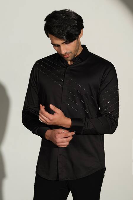 Buy_Sanjana Reddy Designs_Black Cotton Embroidery Slant Sally Lines Placement Shirt _Online_at_Aza_Fashions