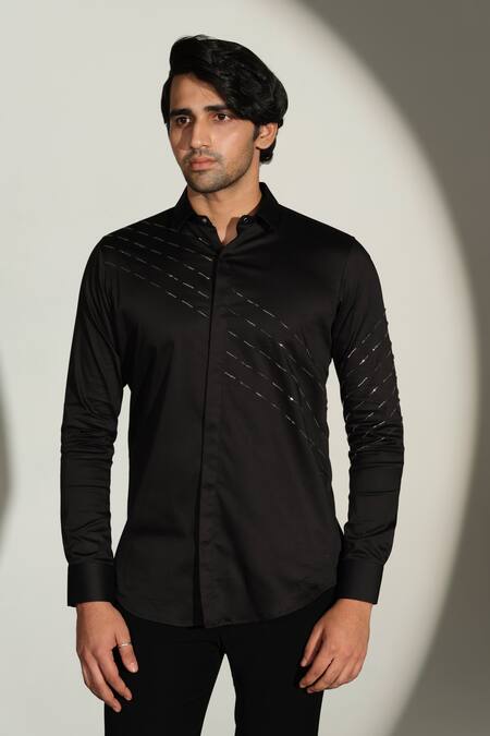 Shop_Sanjana Reddy Designs_Black Cotton Embroidery Slant Sally Lines Placement Shirt _Online_at_Aza_Fashions
