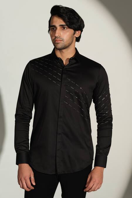 Sanjana Reddy Designs_Black Cotton Embroidery Slant Sally Lines Placement Shirt _at_Aza_Fashions