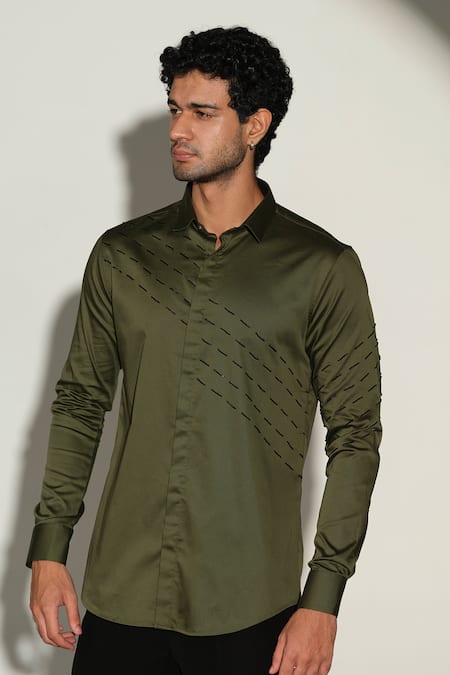 Sanjana Reddy Designs_Olive Green Cotton Embroidery Slant Sally Lines Placement Shirt _Online_at_Aza_Fashions