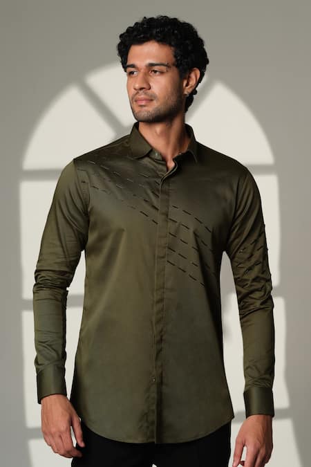 Buy_Sanjana Reddy Designs_Olive Green Cotton Embroidery Slant Sally Lines Placement Shirt _Online_at_Aza_Fashions