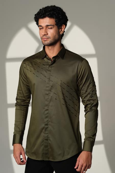 Shop_Sanjana Reddy Designs_Olive Green Cotton Embroidery Slant Sally Lines Placement Shirt _Online_at_Aza_Fashions