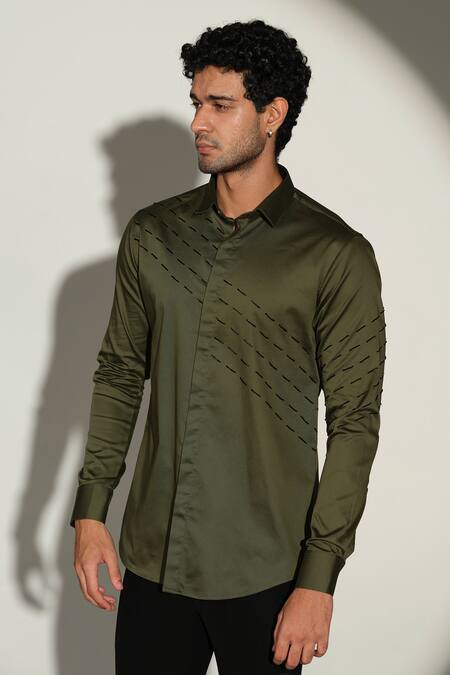 Sanjana Reddy Designs_Olive Green Cotton Embroidery Slant Sally Lines Placement Shirt _at_Aza_Fashions