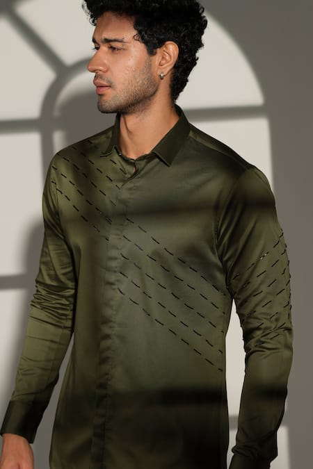 Buy_Sanjana Reddy Designs_Olive Green Cotton Embroidery Slant Sally Lines Placement Shirt 