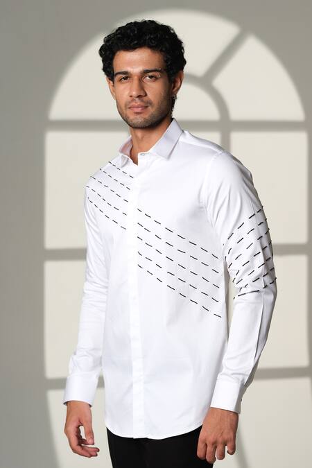 Buy_Sanjana Reddy Designs_White Cotton Embroidery Slant Sally Lines Shirt _Online_at_Aza_Fashions