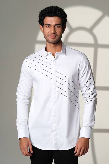 Shop_Sanjana Reddy Designs_White Cotton Embroidery Slant Sally Lines Shirt _Online_at_Aza_Fashions
