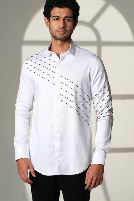 Sanjana Reddy Designs_White Cotton Embroidery Slant Sally Lines Shirt _at_Aza_Fashions