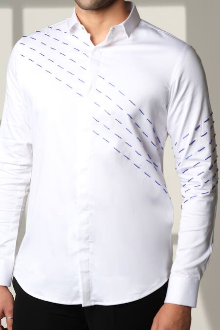 Sanjana Reddy Designs_White Cotton Embroidery Slant Sally Lines Shirt _Online_at_Aza_Fashions
