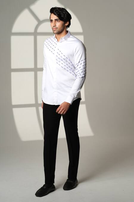 Buy_Sanjana Reddy Designs_White Cotton Embroidery Slant Sally Lines Shirt _Online_at_Aza_Fashions