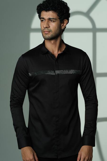 Buy_Sanjana Reddy Designs_Black Cotton Studs Pyramid Studded Shirt _Online_at_Aza_Fashions