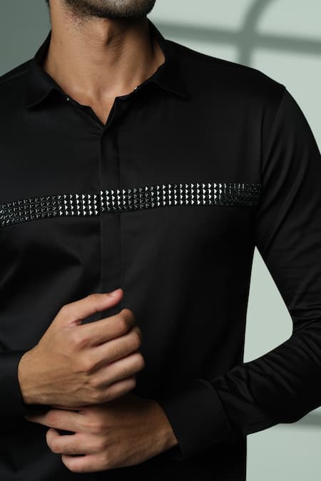 Shop_Sanjana Reddy Designs_Black Cotton Studs Pyramid Studded Shirt _Online_at_Aza_Fashions