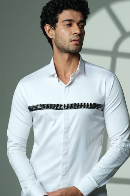 Sanjana Reddy Designs_White Cotton Studs Pyramid Embroidered Shirt _Online_at_Aza_Fashions