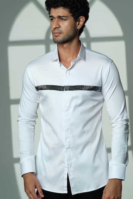 Buy_Sanjana Reddy Designs_White Cotton Studs Pyramid Embroidered Shirt _Online_at_Aza_Fashions