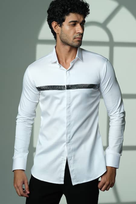 Shop_Sanjana Reddy Designs_White Cotton Studs Pyramid Embroidered Shirt _Online_at_Aza_Fashions