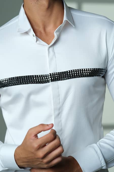 Sanjana Reddy Designs_White Cotton Studs Pyramid Embroidered Shirt _at_Aza_Fashions